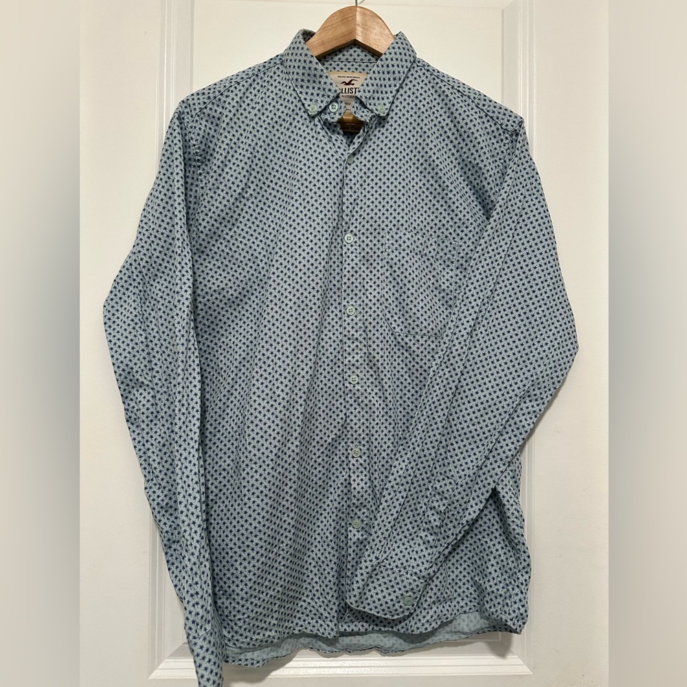 Hollister Youth XL Cotton Blue Button Down Shirt Palm Tree Pattern